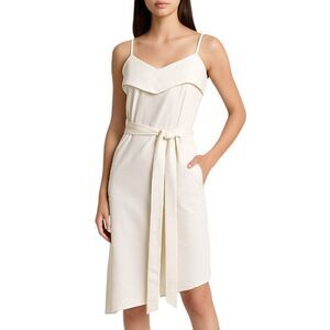 Colovos Size 4 RTR Designer Cream Midi Dress Asymmetrical Hem Side Zip Belted